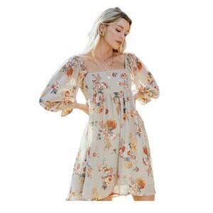 Sweet Lemon Balloon Sleeve Beige Floral Cottagecore Dress - New with tags L $89